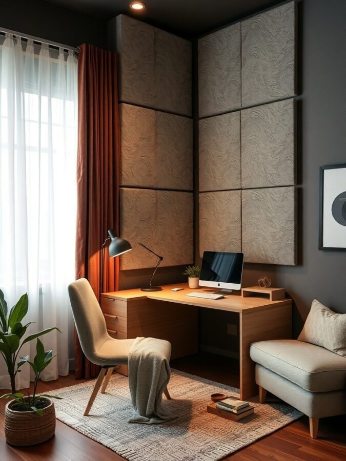 A cozy home office with sound-absorbing panels, a desk, a chair, and a plant.