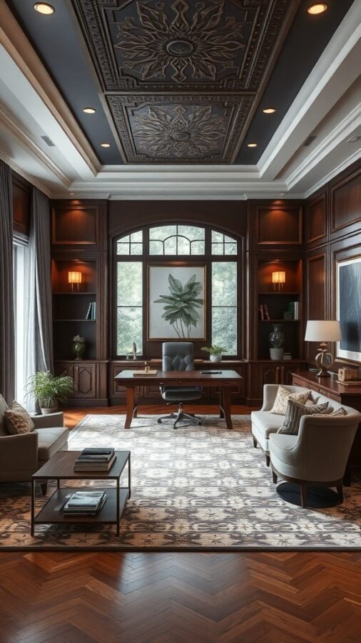 15 Home Office Inspiration to Transform Your Workspace 10 Sophisticated executive office with rich wood paneling, elegant ceiling, large desk, and cozy seating area.