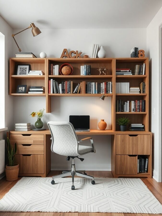 A small home office featuring a wooden desk with shelves, a comfortable chair, and decorative items.