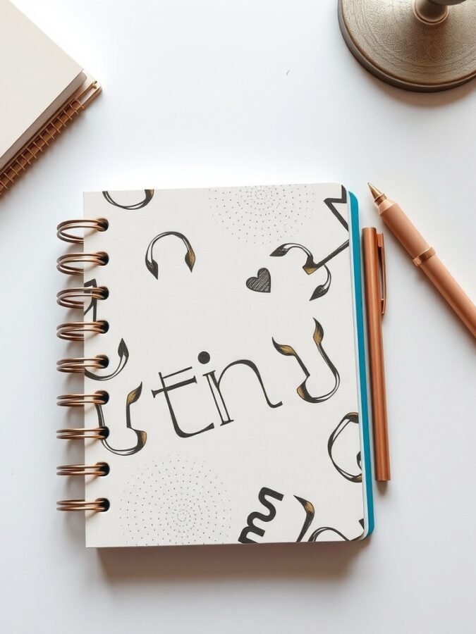 Stylish notebook with a playful pattern and a pen on a clean desk