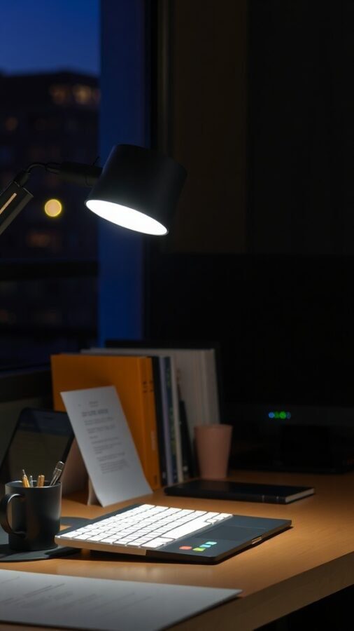 A modern desk lamp illuminating a workspace with a laptop, documents, and a coffee cup.
