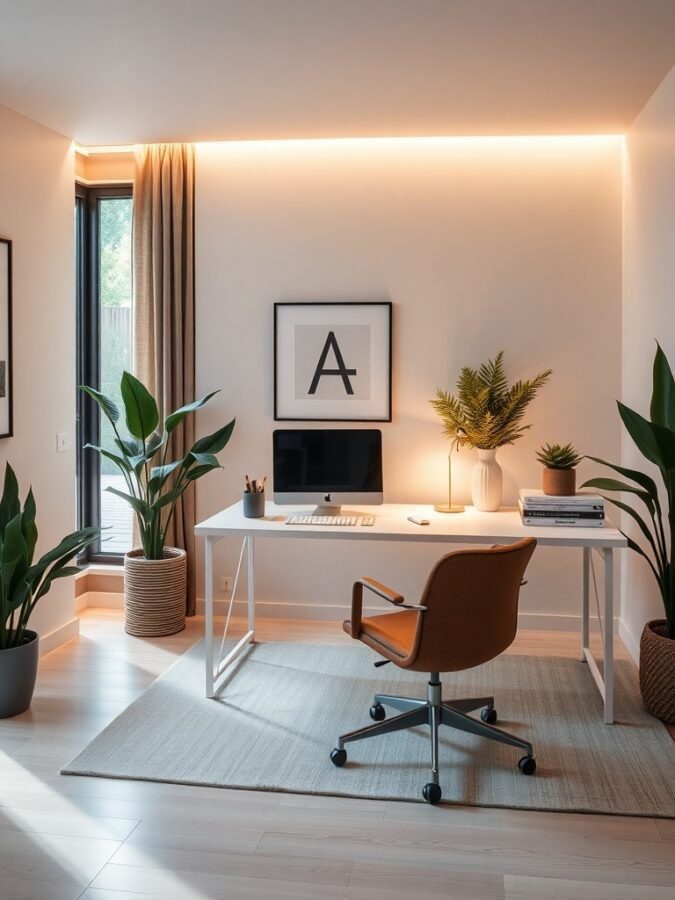 A modern home office featuring a white desk, ergonomic chair, and potted plants, with warm lighting.