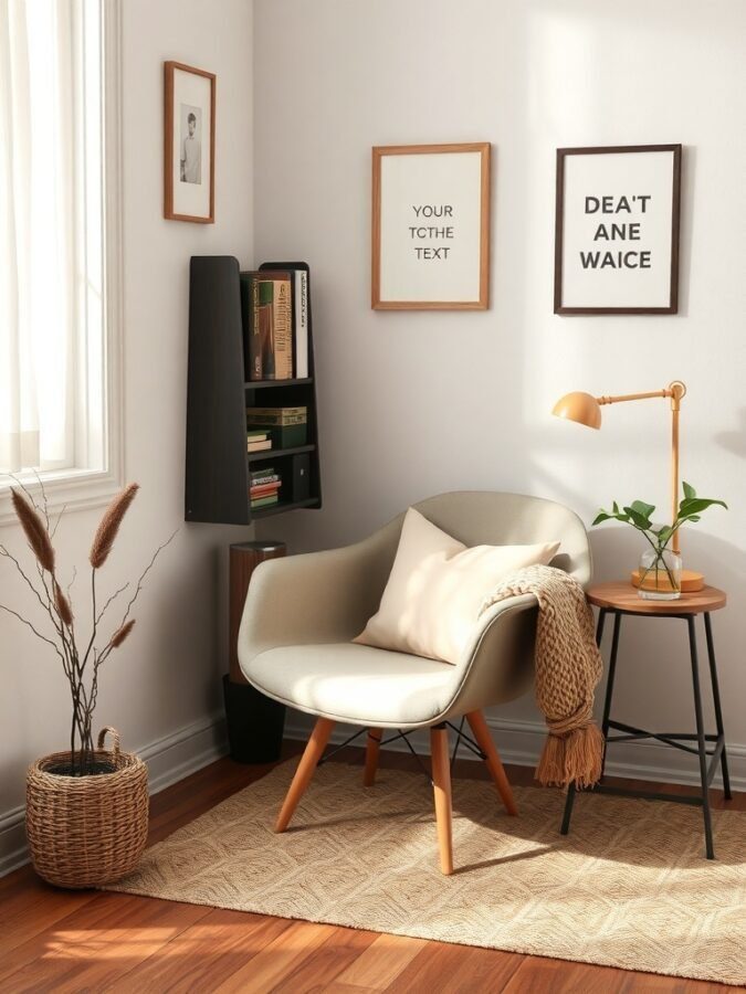 A cozy home office nook with a comfortable chair, soft textiles, and decorative elements.