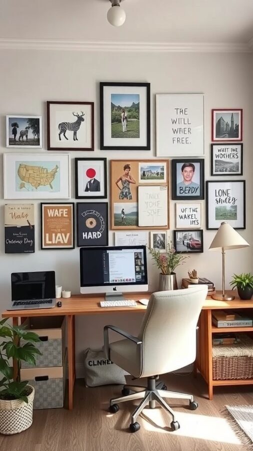 A cozy home office with a gallery wall of framed art and photographs, a wooden desk with a computer, and plants.