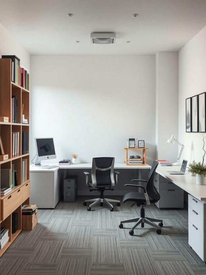 A minimalist home office featuring a large desk, ergonomic chairs, and a wooden bookshelf.