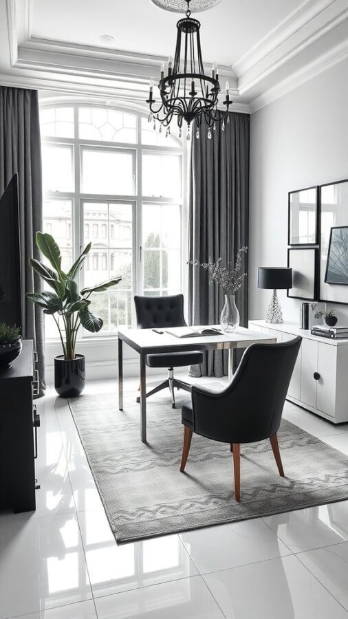 A sophisticated monochrome home office featuring a large window, black and white furniture, and elegant decor.