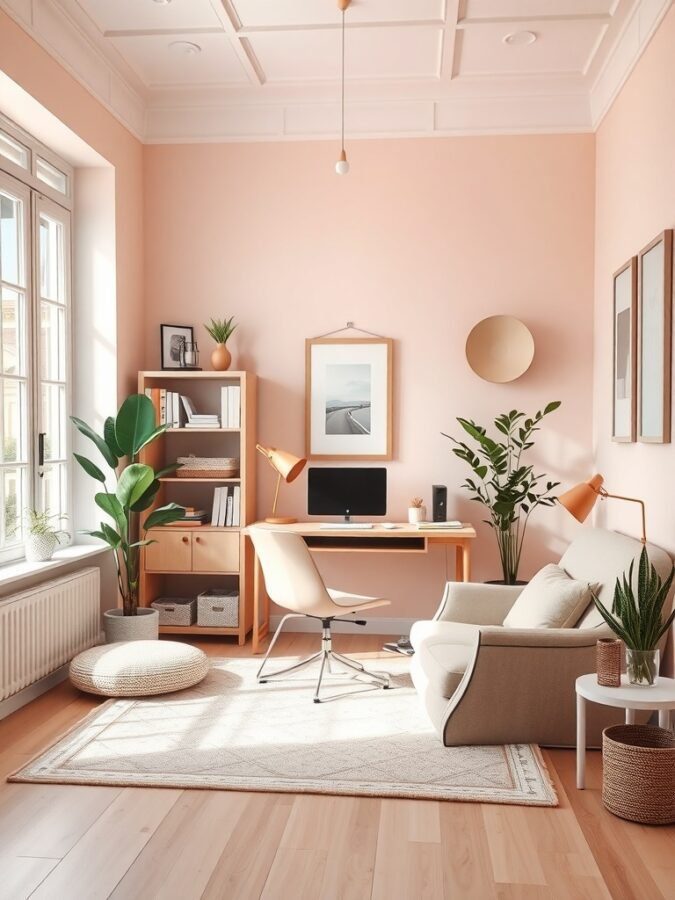 A feminine home office with soft pink walls, a cozy chair, a wooden desk, and plants.