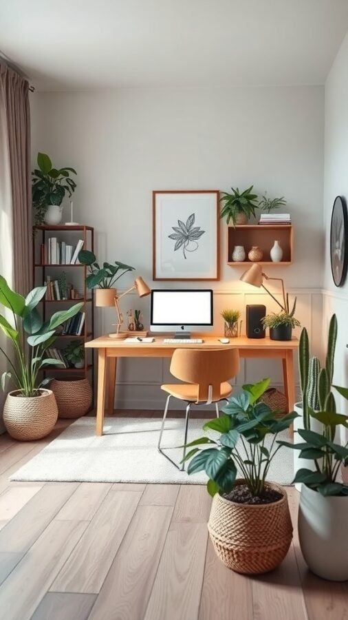A zen-inspired home office setup featuring a wooden desk, computer, and various plants in decorative pots.