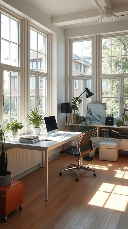 Bright home office with large windows, plants, and a modern desk setup