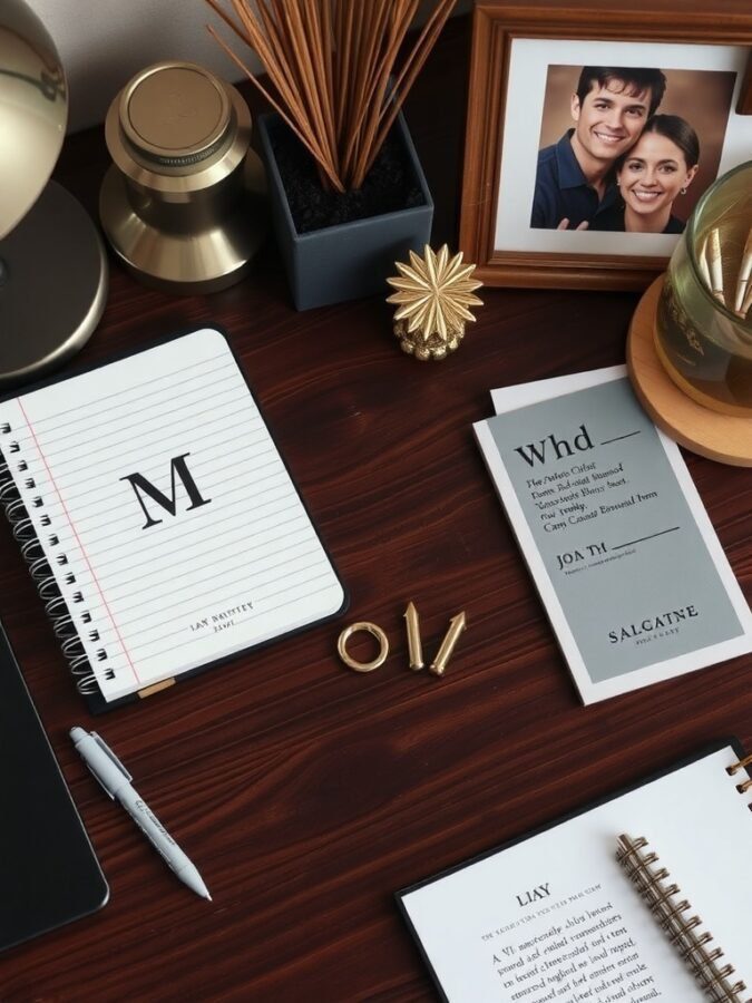 A stylish feminine home office desk with a notebook, framed photo, decorative items, and a plant.