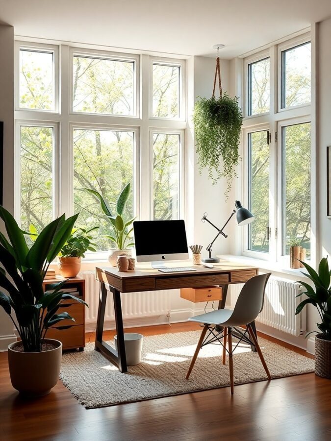 A bright home office with large windows, a wooden desk, and plants