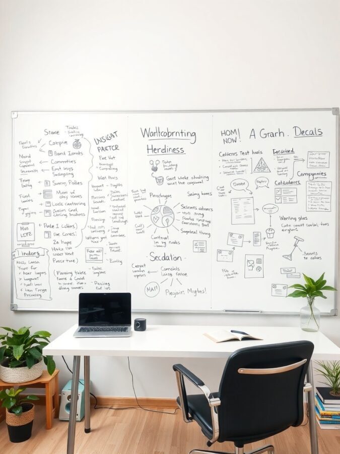 A home office featuring a whiteboard filled with notes and diagrams, a laptop on a clean desk, and some plants.
