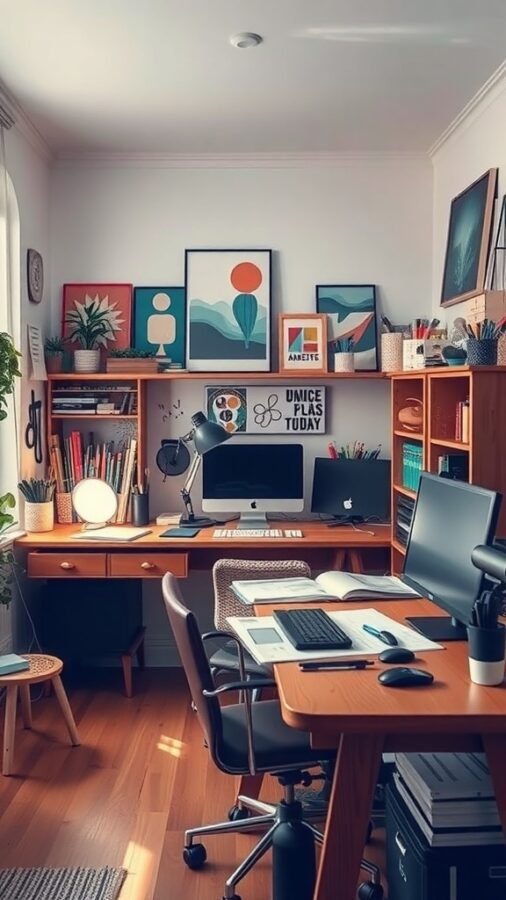 A cozy artistic studio office with wooden furniture, colorful artwork on the walls, plants, and a computer setup.
