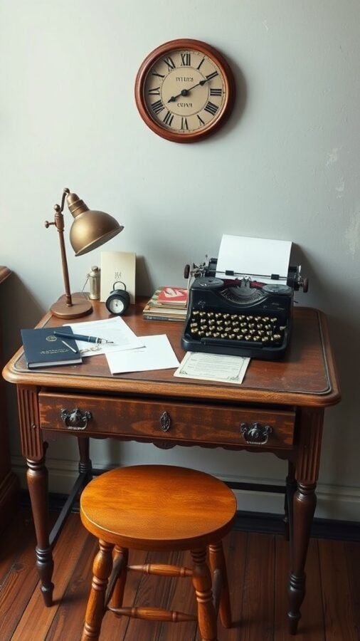 19 Inspiring Home Office Desk Ideas to Elevate Your Workspace 6 A vintage writing desk with a typewriter, lamp, and clock, creating a cozy workspace.
