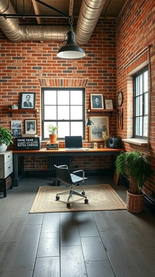 An industrial chic loft office with exposed brick walls, a wooden desk, a modern chair, and a potted plant.