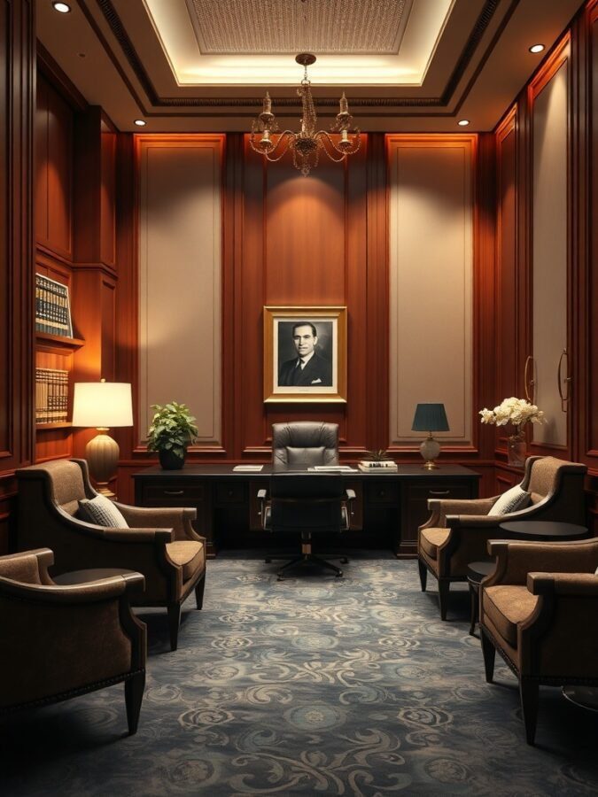 Luxurious executive office with wooden paneling, plush seating, and elegant decor.