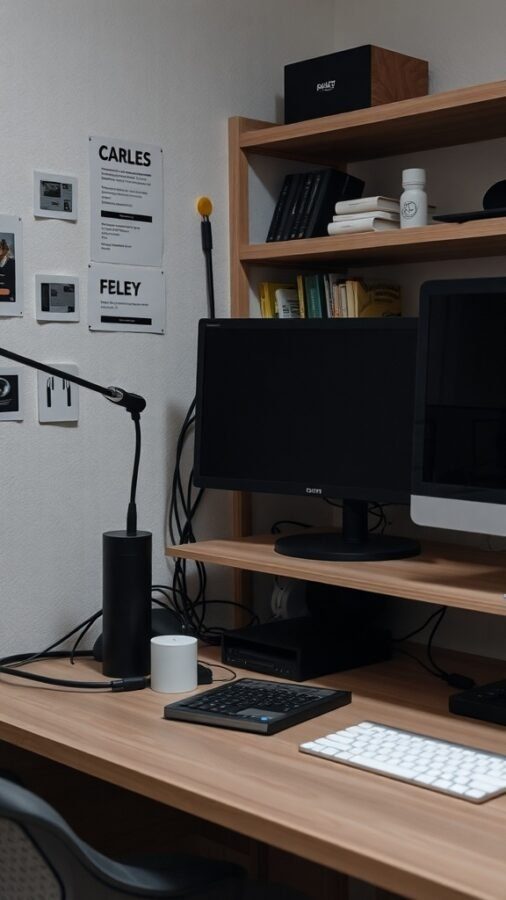 A tidy home office setup with organized cables and devices on a wooden desk.