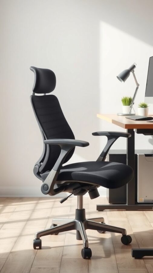 An ergonomic office chair with adjustable features next to a desk in a well-lit home office