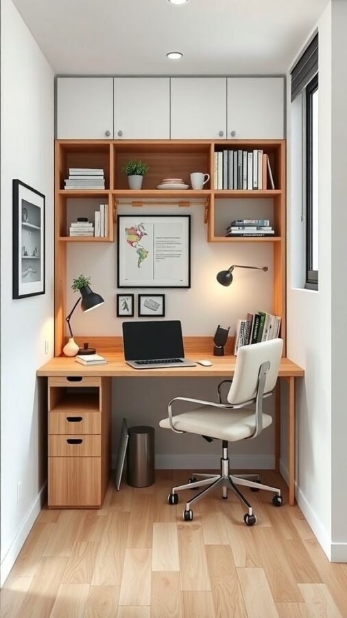 A compact home office setup featuring a wooden desk, shelves above, and a comfortable chair, designed for small spaces.