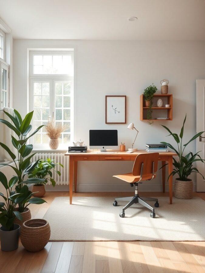 A bright and serene home office with a wooden desk, comfortable chair, and indoor plants.