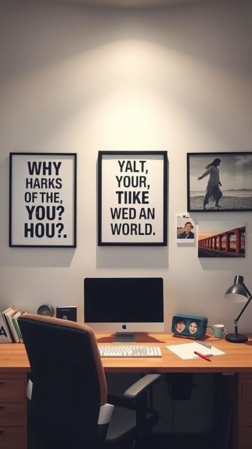 A home office setup featuring three framed wall art pieces with playful phrases and a serene photo.