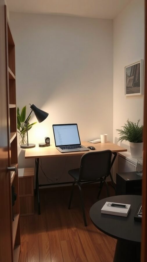19 Inspiring Home Office Desk Ideas to Elevate Your Workspace 12 A compact foldable desk in a cozy home office setting with a laptop, lamp, and plants.