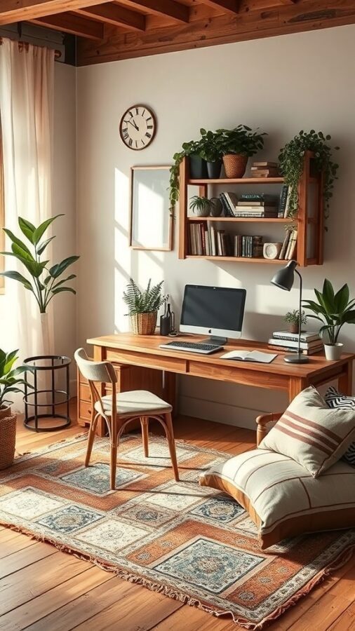 A cozy home office featuring a wooden desk, a comfortable chair, layered textiles, and plants.