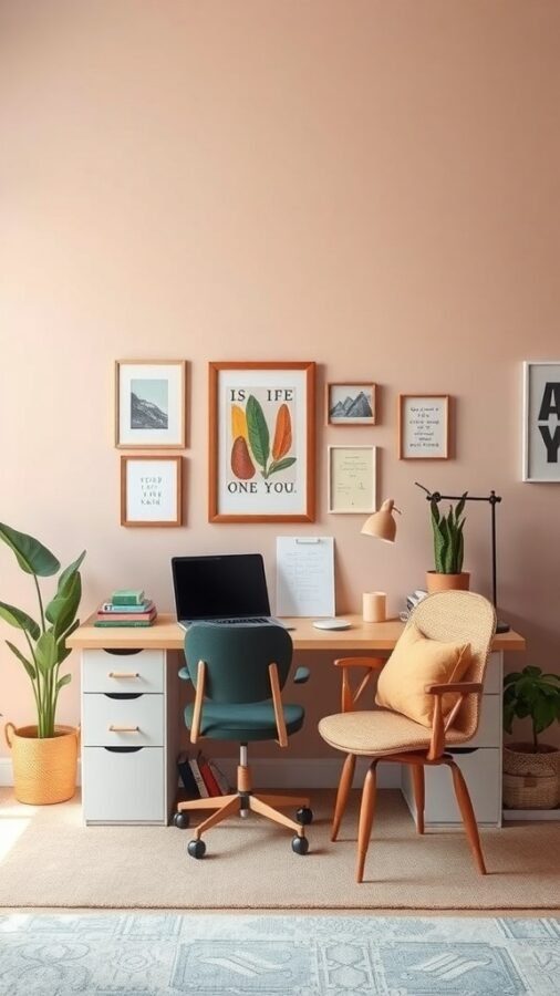 Cozy home office with peach walls, green chair, and framed artwork