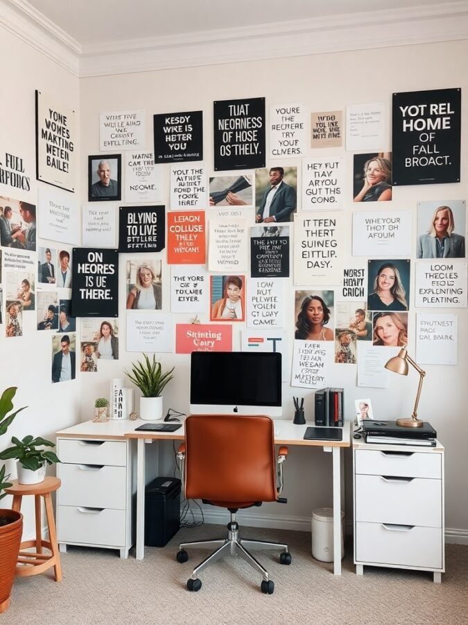 A home office with a motivational wall filled with quotes and images, featuring a desk and chair.