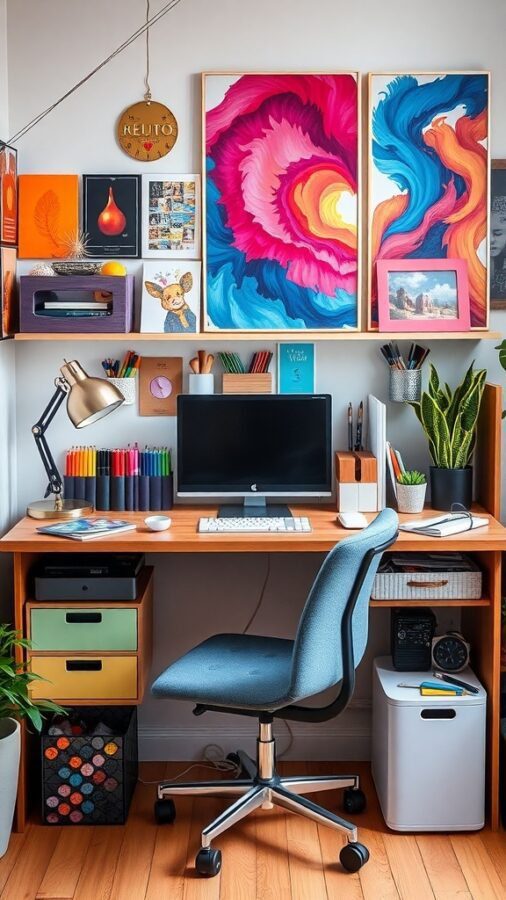 19 Inspiring Home Office Desk Ideas to Elevate Your Workspace 7 A colorful home office desk with vibrant artwork, stationery, and plants.