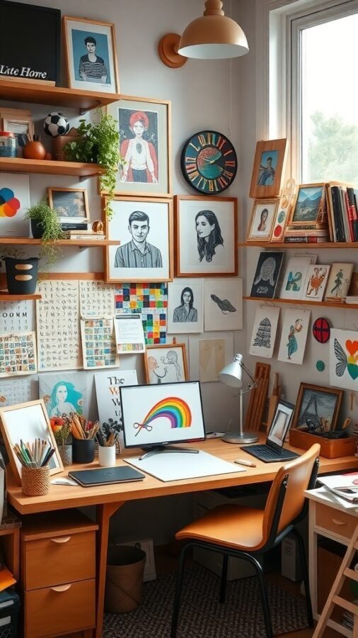 A cozy artistic home office with colorful artwork on the walls, a wooden desk with art supplies, and a computer displaying a rainbow design.