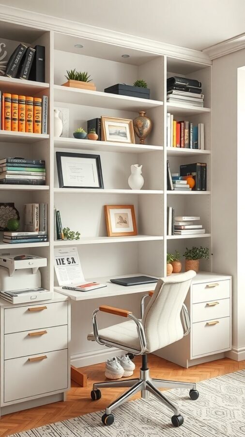 A cozy home office with built-in shelves, a desk, and storage drawers.