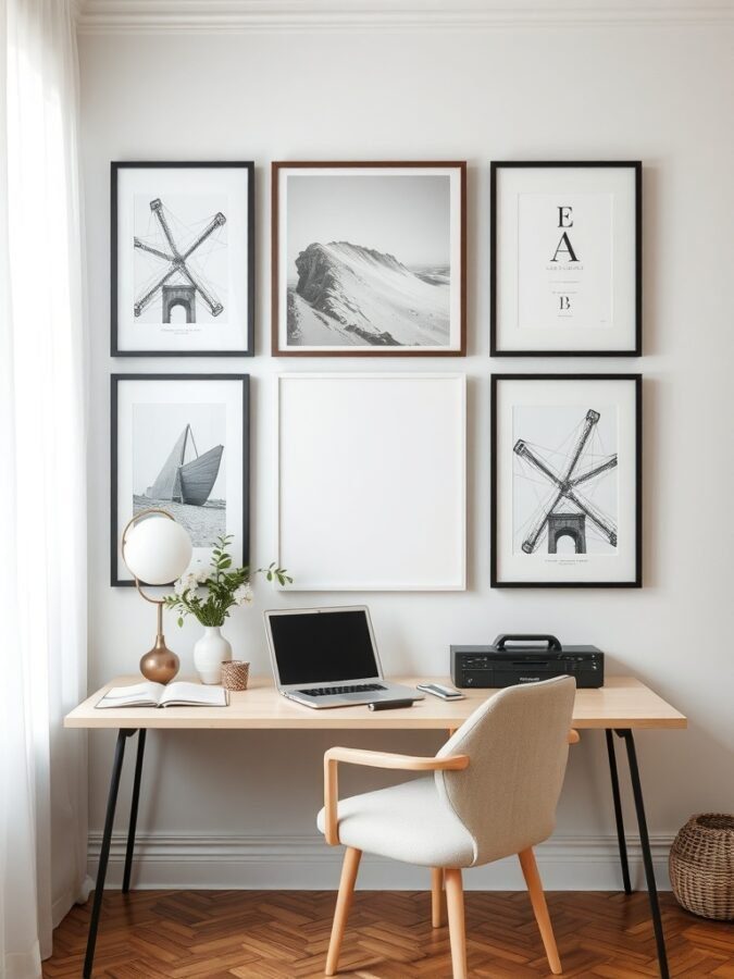 A stylish home office with framed wall art, a desk, and a chair.