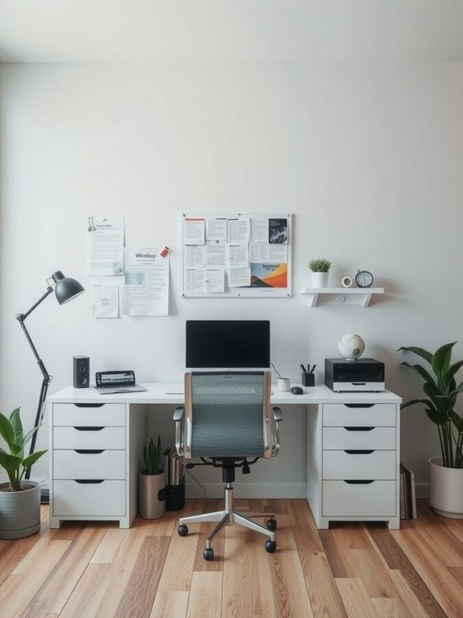 A stylish and functional home office layout featuring a desk, ergonomic chair, plants, and a desk lamp.