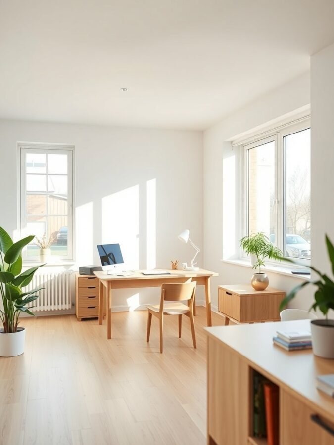 A minimalist Scandinavian workspace featuring a light wood desk, a chair, plants, and large windows allowing natural light.