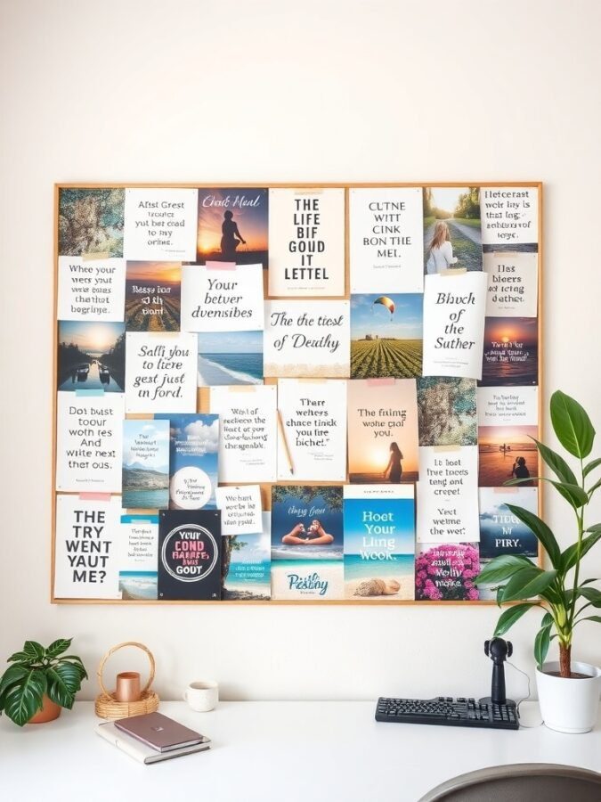 A vision board filled with motivational quotes and images, displayed in a feminine home office setting.