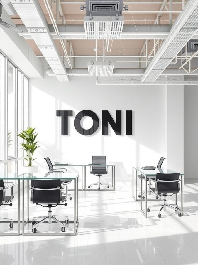 A modern home office featuring glass desks, metal frames, and a large wall with the name 'TONI' in bold letters.