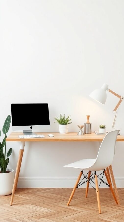 19 Inspiring Home Office Desk Ideas to Elevate Your Workspace 4 A minimalist Scandinavian workspace featuring a light wood desk, white chair, computer, and small plants.