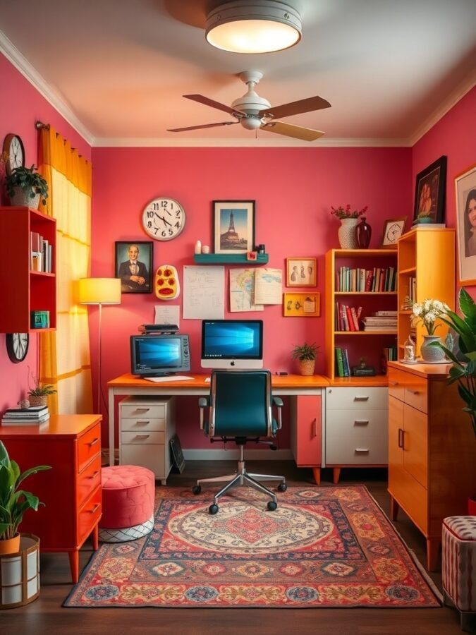 A retro vintage style home office with pink walls, a desk with two monitors, and colorful furniture.