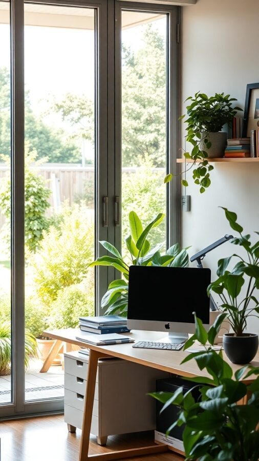 A modern home office with a garden view, featuring a desk, computer, and indoor plants.