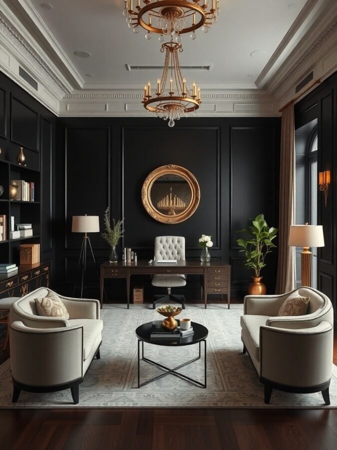 A sophisticated home office featuring black walls, gold accents, and elegant furniture.