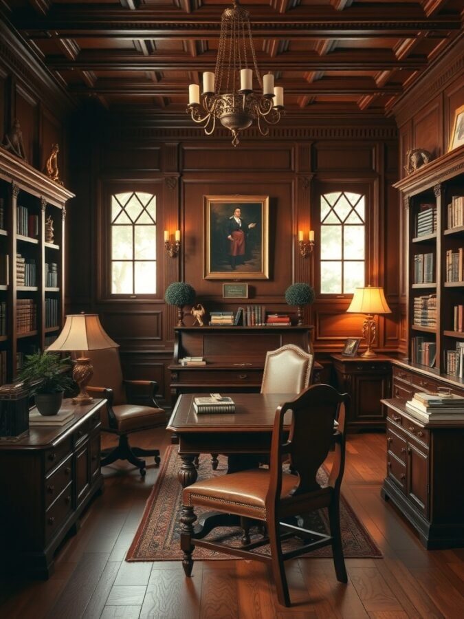 A traditional wooden office featuring dark wood furniture, a vintage chandelier, and bookshelves filled with books.