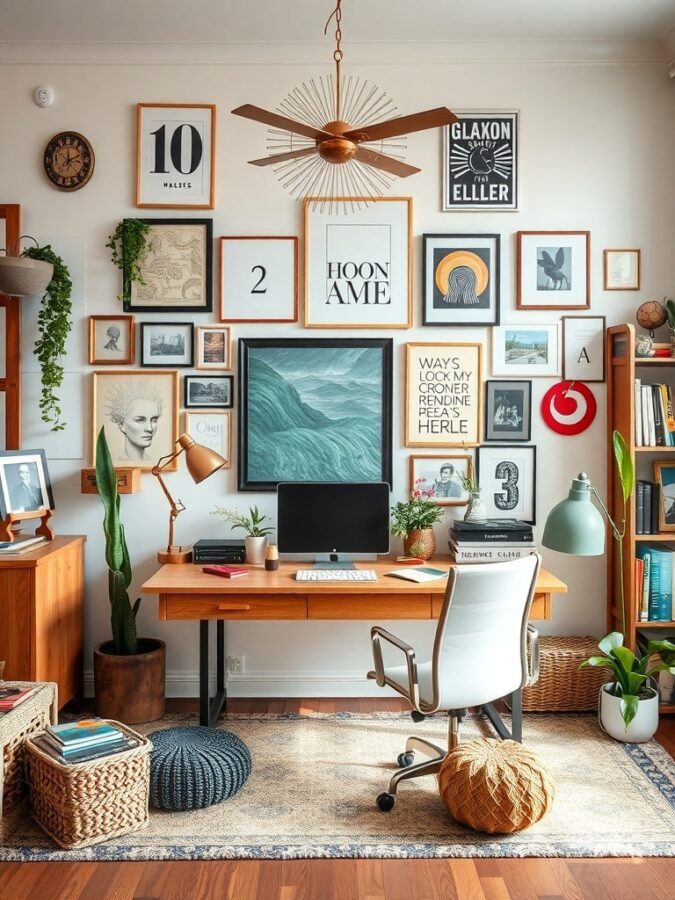 A stylish home office featuring an eclectic mix of framed art, a wooden desk, modern chair, and plants.