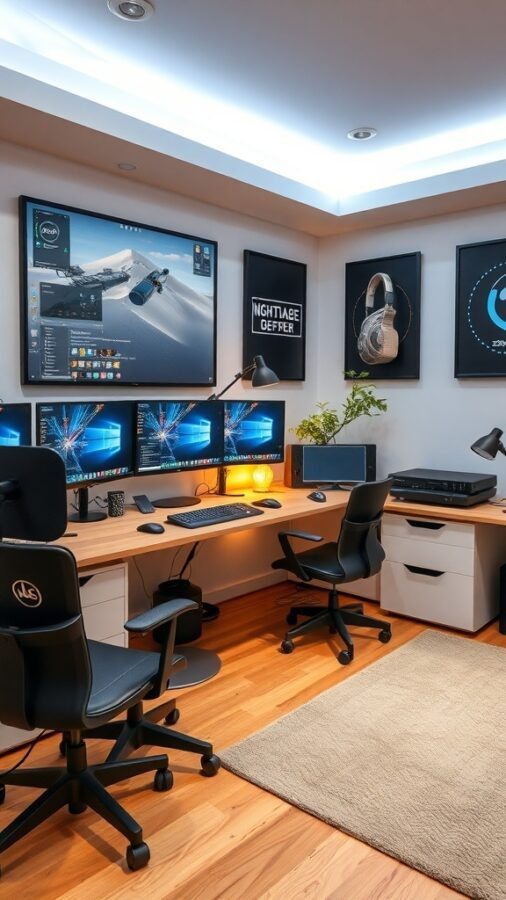 15 Home Office Inspiration to Transform Your Workspace 6 A modern tech-savvy home office setup with multiple monitors and a large wall screen.