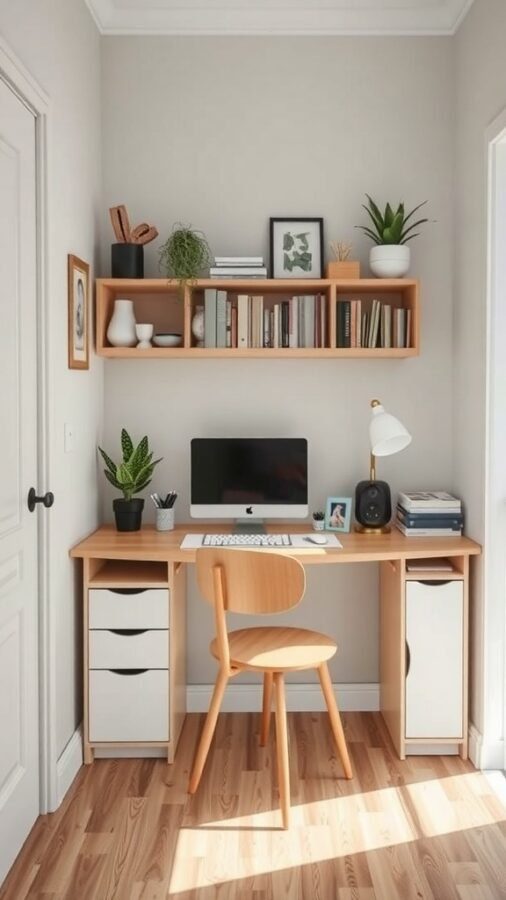 15 Home Office Inspiration to Transform Your Workspace 14 A compact home office setup featuring a wooden desk, computer, and wall-mounted shelves with books and plants.