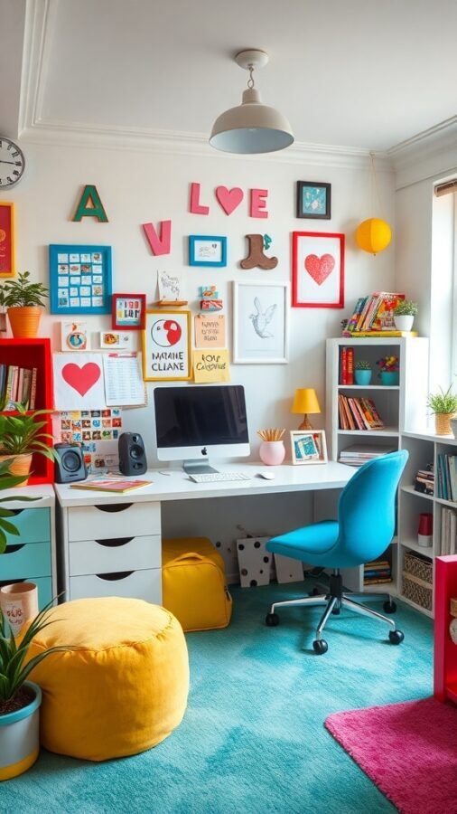A colorful home office with bright decor, a modern desk, and playful elements.