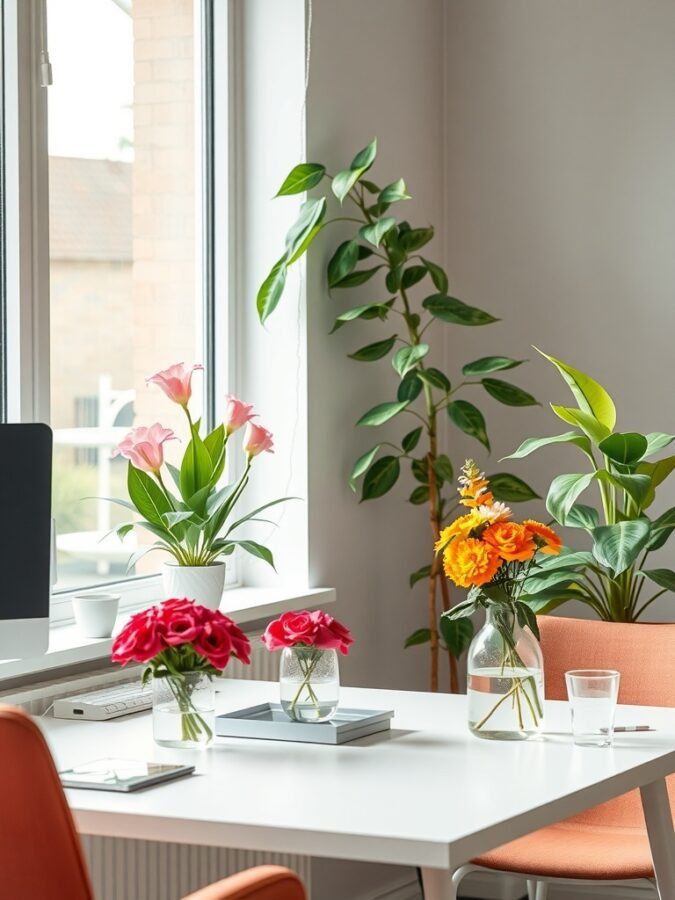 A bright home office with floral accents and greenery, featuring colorful flowers in vases and a tall plant by the window.
