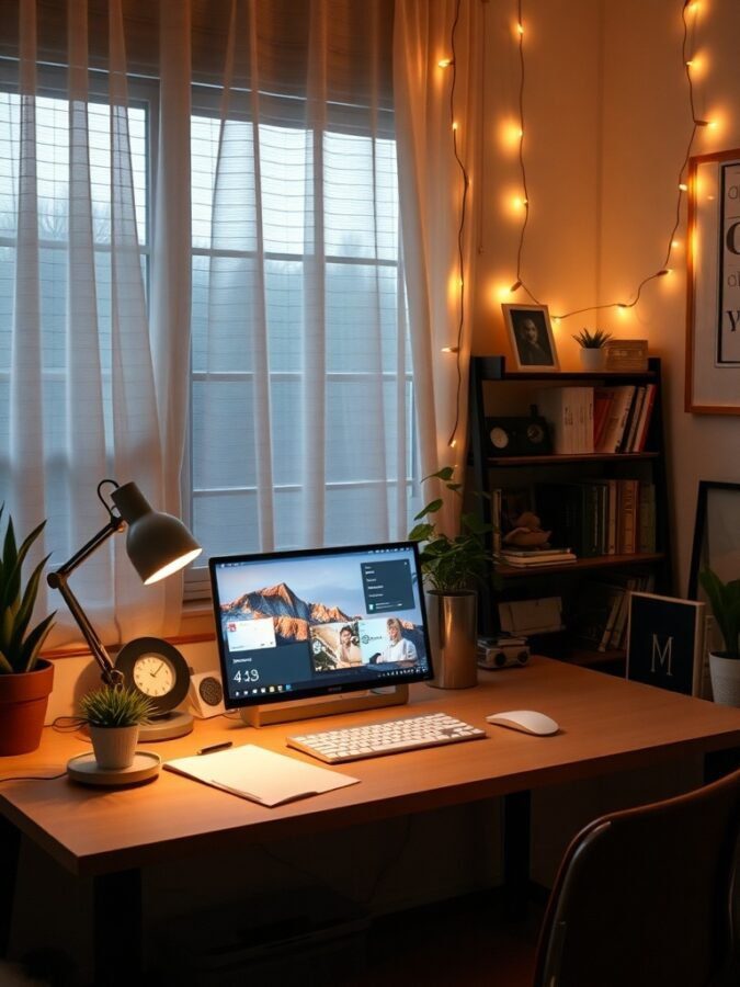 A cozy home office with ambient lighting, featuring a desk with a computer, lamp, and plants.