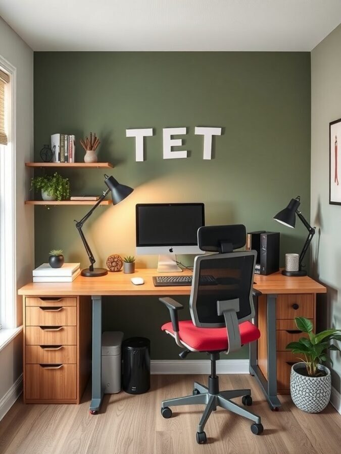 A small home office featuring a standing desk option with a modern design, green walls, and decorative elements.