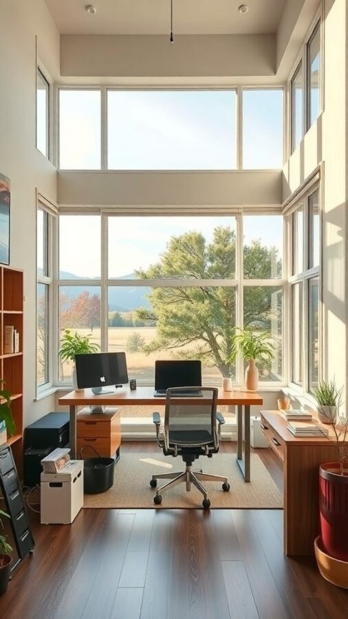A bright home office with large windows, two desks, and a view of trees and fields outside.